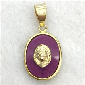 purple jade oval pendant with lionhead, approx 14-18mm