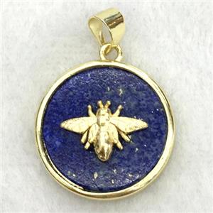blue lapis circle pendant with honeybee, approx 18mm dia