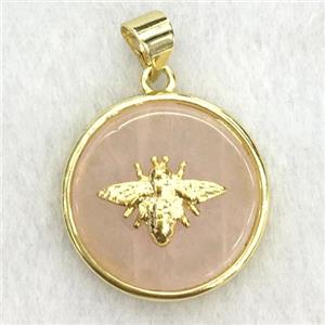 peach sunstone circle pendant with honeybee, approx 18mm dia