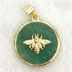 green aventurine circle pendant with honeybee, approx 18mm dia