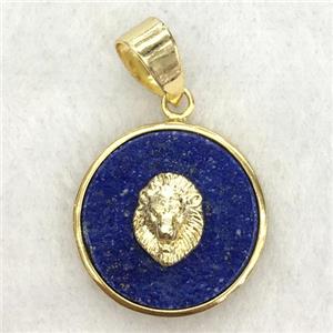 blue lapis circle pendant with lionhead, approx 18mm dia