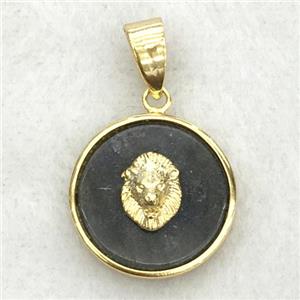 labradorite circle pendant with lionhead, approx 18mm dia