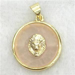 peach sunstone circle pendant with lionhead, approx 18mm dia