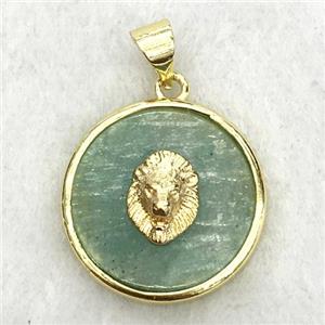 green aventurine circle pendant with lionhead, approx 18mm dia