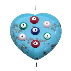 blue turquoise heart beads with evil eye, approx 25mm