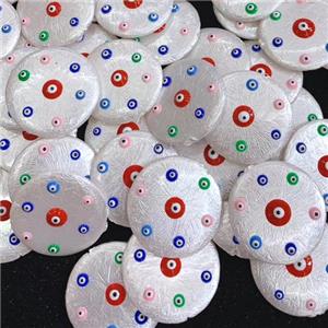 white pearlized shell circle coin beads pave evil eye, approx 30mm dia