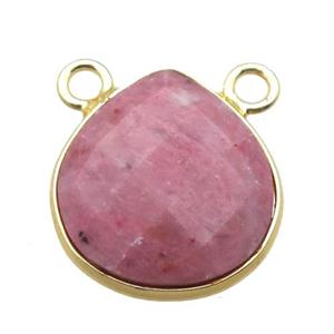 pink Rhodonite teardrop pendant with 2loops, gold plated, approx 15mm