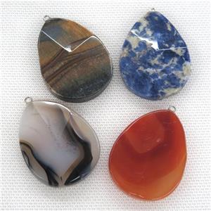 mixed Gemstone pendant, faceted teardrop, approx 35-45mm