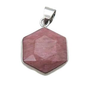pink Rhodonite pendant, faceted hexagon, approx 14-16mm