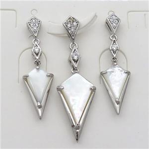 copper Stud Earrings and pendant pave zircon with white pearlized shell, platinum plated, approx 8-12mm, 10-16mm