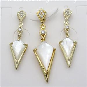 copper Stud Earrings and pendant pave zircon with white pearlized shell, gold plated, approx 8-12mm, 10-16mm