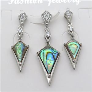 copper Stud Earrings and pendant pave zircon with Abalone shell, platinum plated, approx 8-12mm, 10-16mm