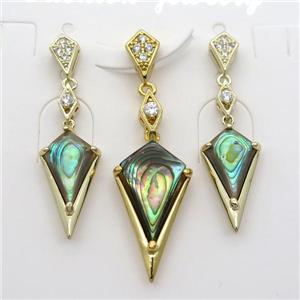 copper Stud Earrings and pendant pave zircon with Abalone shell, gold plated, approx 8-12mm, 10-16mm