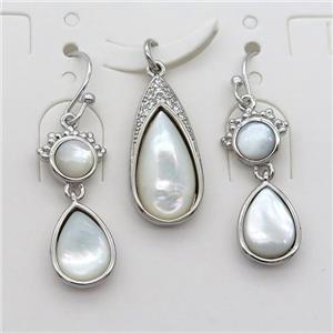 copper Hook Earrings and pendant pave zircon with white pearlized shell, platinum plated, approx 5mm, 7-10mm, 8-16mm