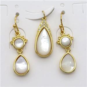 copper Hook Earrings and pendant pave zircon with white pearlized shell, gold plated, approx 5mm, 7-10mm, 8-16mm