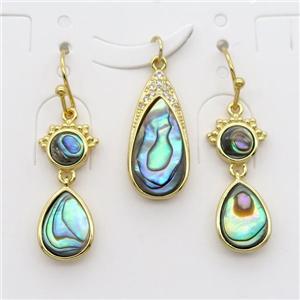 copper Hook Earrings and pendant pave zircon with Abalone shell, gold plated, approx 5mm, 7-10mm, 8-16mm