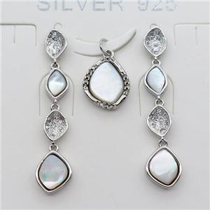 copper Stud Earrings and pendant pave zircon with Pearlized shell, platinum plated, approx 4-6mm, 7-9mm, 8-11mm, 42mm