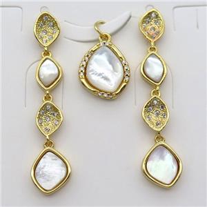copper Stud Earrings and pendant pave zircon with Pearlized shell, gold plated, approx 4-6mm, 7-9mm, 8-11mm, 42mm