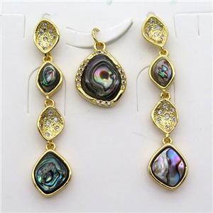 copper Stud Earrings and pendant pave zircon with Abalone shell, gold plated, approx 4-6mm, 7-9mm, 8-11mm, 42mm