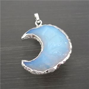 white Opalite moon pendant, hammered, silver plated, approx 27-33mm