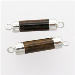 Tiger eye stone column connector, silver plated, approx 5-18mm
