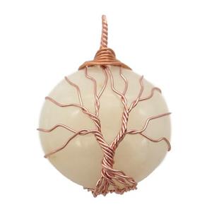 pink Aventurine pendant with wire wrapped, tree of life, rose gold, approx 25mm dia