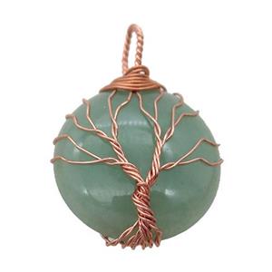 green Aventurine pendant with wire wrapped, tree of life, rose gold, approx 25mm dia