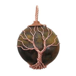 tiger eye stone pendant with wire wrapped, tree of life, rose gold, approx 25mm dia