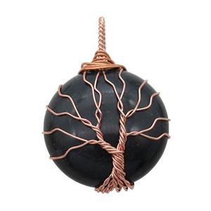 black onyx pendant with wire wrapped, tree of life, rose gold, approx 25mm dia