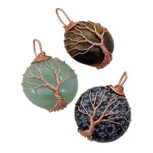 mix Gemstone pendant with wire wrapped, tree of life, rose gold, approx 25mm dia