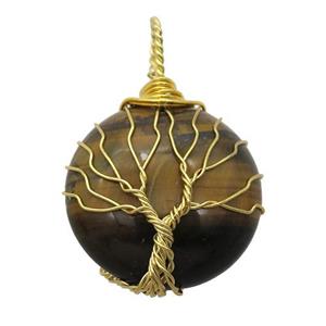 Tiger eye stone pendant with wire wrapped, tree of life, gold plated, approx 25mm dia