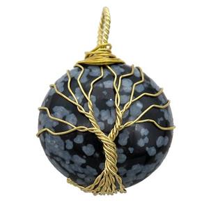Snowflake Jasper pendant with wire wrapped, tree of life, gold plated, approx 25mm dia
