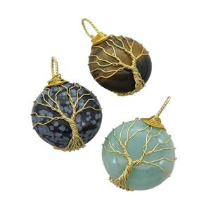 mix Gemstone pendant with wire wrapped, tree of life, gold plated, approx 25mm dia