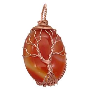 Red Carnelian Agate oval pendant with wire wrapped, tree of life, rose gold, approx 18-25mm