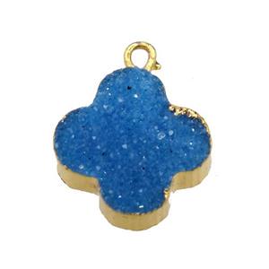 blue druzy agate clover pendant, gold plated, approx 12-15mm