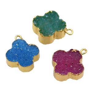 druzy agate clover pendant, gold plated, mixed, approx 12-15mm