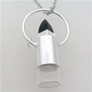 copper perfume bottle Necklace with onyx, shinny silver plated, approx 16-60mm
