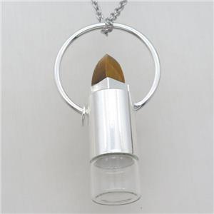 copper perfume bottle Necklace with tiger eye stone, shinny silver plated, approx 16-60mm