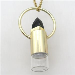 copper perfume bottle Necklace with black onyx, gold plated, approx 16-60mm