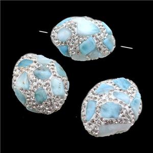 Clay oval Beads paved rhinestone with Larimar, approx 25-31mm