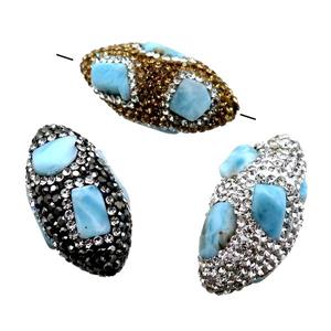 Clay barrel Beads paved rhinestone with Larimar, mixed, approx 20-33mm