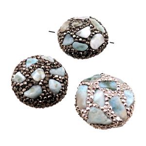 Clay coin Beads paved rhinestone with Larimar, mixed, approx 25-28mm dia
