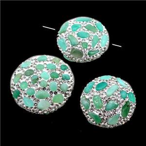 white Clay coin Beads paved rhinestone with Chrysoprase, approx 25-30mm dia
