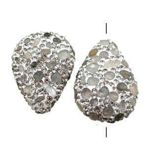 Clay Beads paved rhinestone with Labradorite, flat teardrop, approx 20-30mm