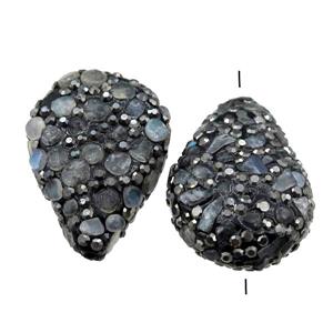 Clay Beads paved rhinestone with Labradorite, teardrop, approx 20-30mm
