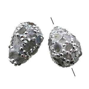 Clay Beads paved rhinestone with Labradorite, teardrop, approx 15-20mm