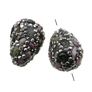 Clay teardrop Beads paved rhinestone with tourmaline, approx 15-20mm