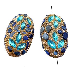 Clay oval Beads paved yellow rhinestone with blue crystal glass, approx 25-45mm