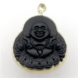 black Jadeite Glass buddha pendant, gold plated, approx 35-40mm