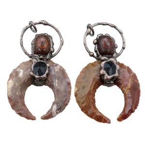 hammered Rock Agate crescent moon pendant, antique red, approx 40-70mm